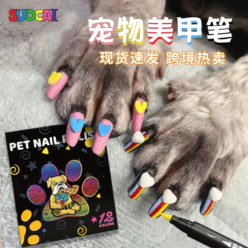 12Colors Pet Manicure Pen Dog Nail Polish Graffiti Pen Acrylic Marker Soft Head Quick-drying Waterproof and Non-fading