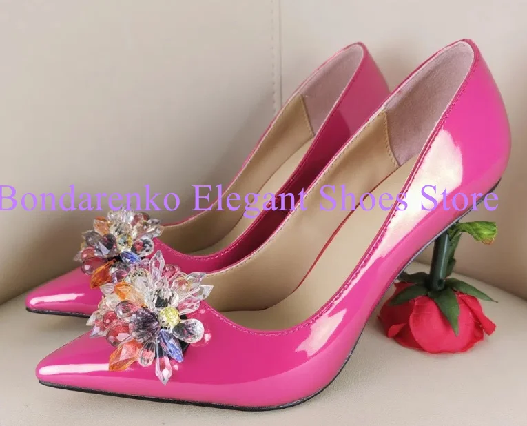 

New Rose Red Crystal Decor Lady Pumps Shoes Sexy Pointed Toe Rose Flower Heel Woman Dress Shoes Fashion High Heels Banquet Shoes