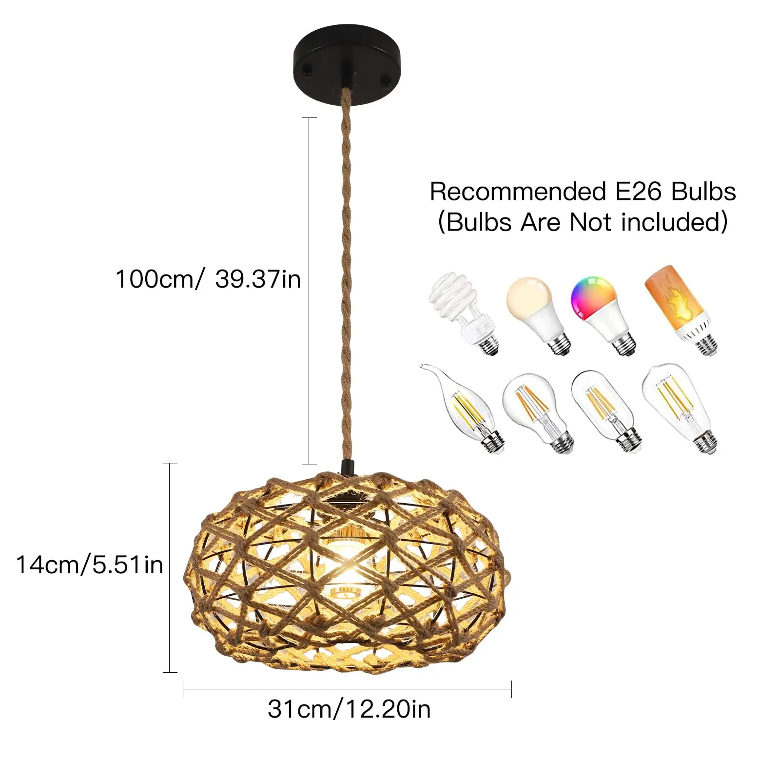 Woven Pendant Light,Farmhouse Rattan Pendant Lights,12.2