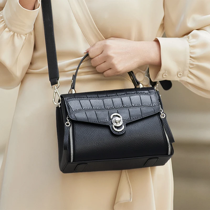 

New ZOOLER Brand Handcraft Real Leather Bag Black First Cow Layer Genuine Leather Handbag Shoulder Bags Female Fashion#AL597