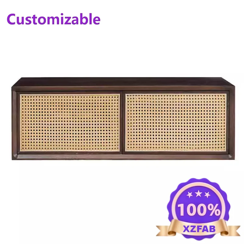 Factory Direct 2026 Solid wood rattan hanging cabinet sliding door bedroom wall cabinet