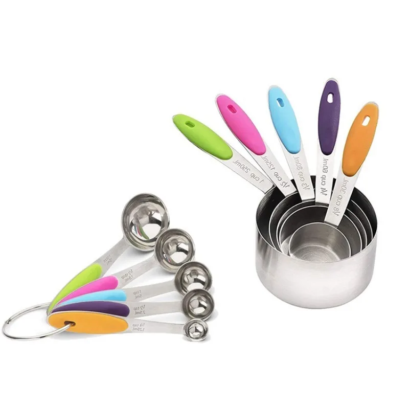 5/10-Piece Pro Chef Measuring Set Heat-Resistant Stainless Steel Measuring Cups and Spoons Silicone Handles for Baking Coffee