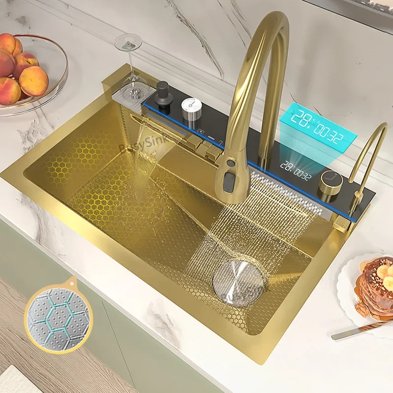 

Golden Waterfall Kitchen Sink Stainless Steel Gold Sink Multifunction Digital Display Set Large Single Slot Wash Basin