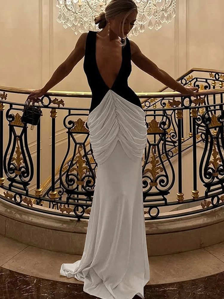 Weird Puss Patchwork Ruched Dress Women Peach Buttocks Sleeveless Skew Collar Summer Elegant Elastic Club Deep V-Neck Bodycon