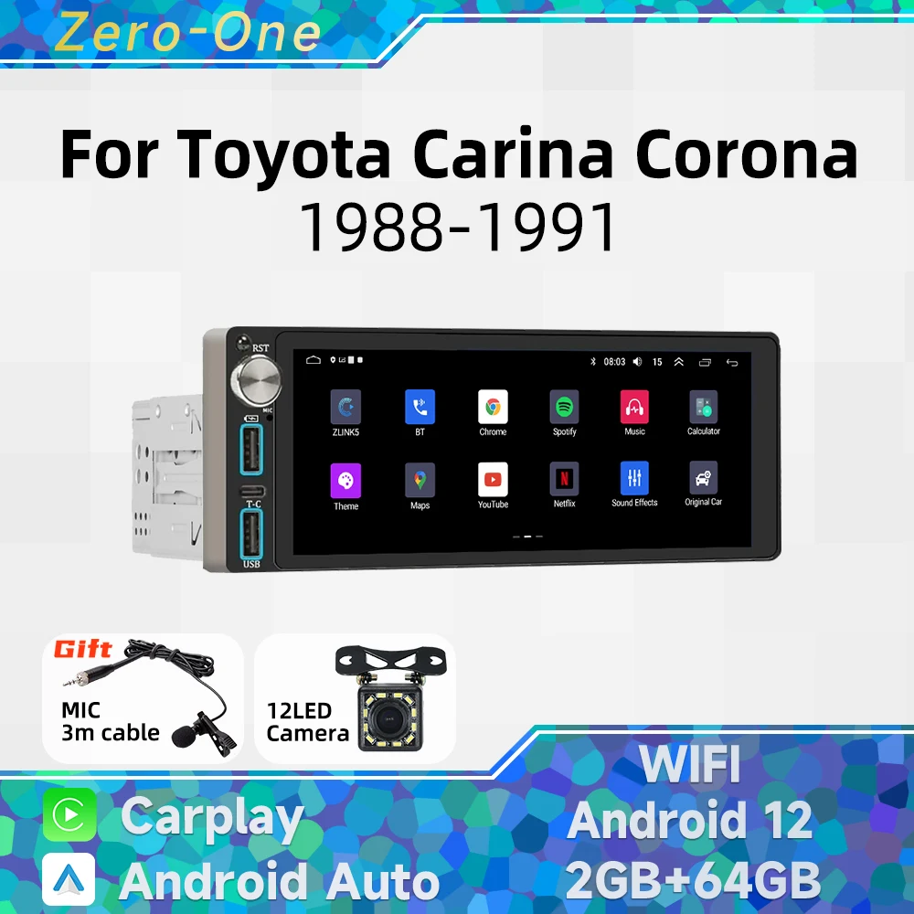 Carplay Autoradio 1 Din Radio Android Multimedia para Toyota Carina Corona 1988-1991 6,86 "Unidad principal estéreo navegación GPS BT