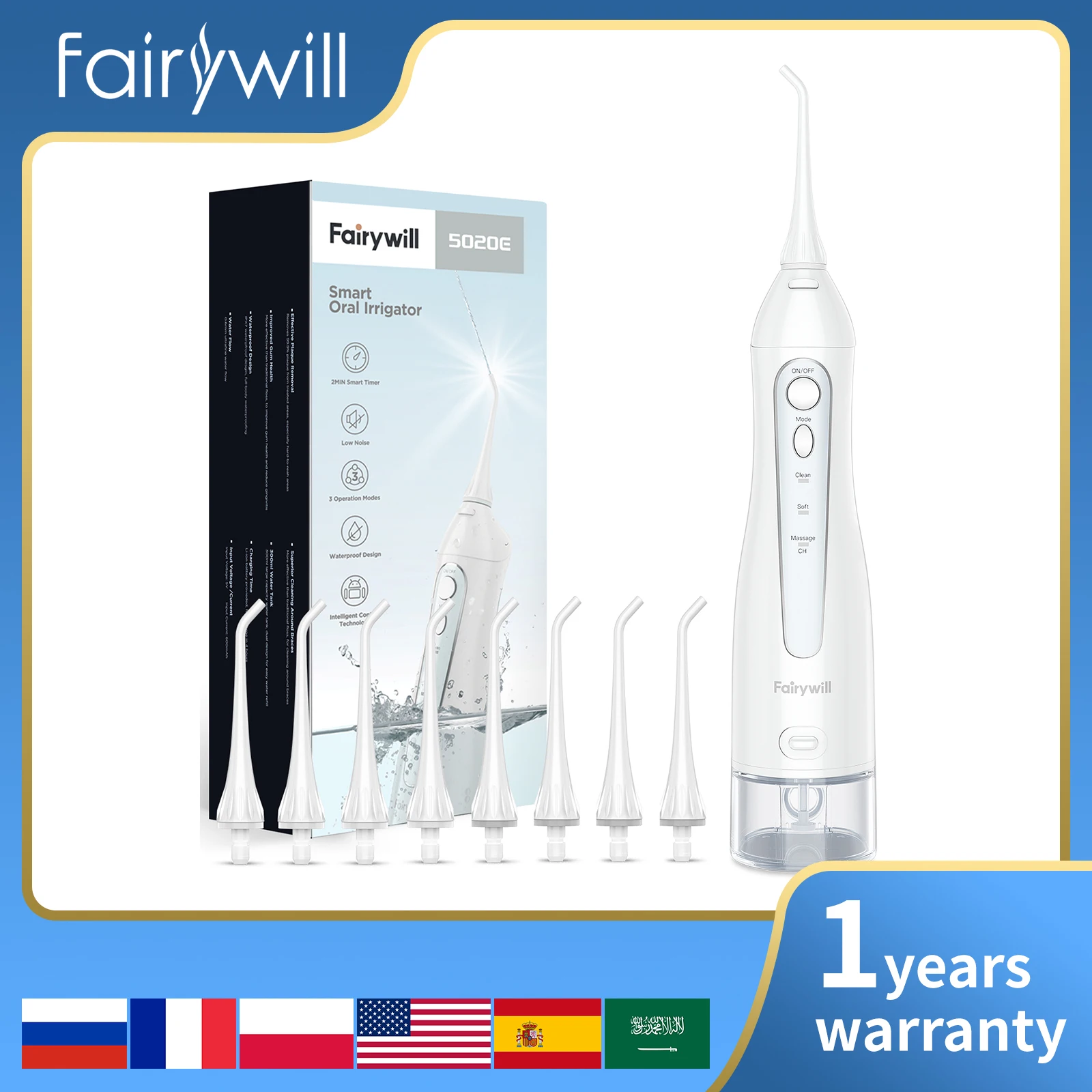 Fairywill Water Flossers 300ML Oral Irrigator Rechargeable Large Capacity Portable Dental Water Tank Waterproof Teeth Clean