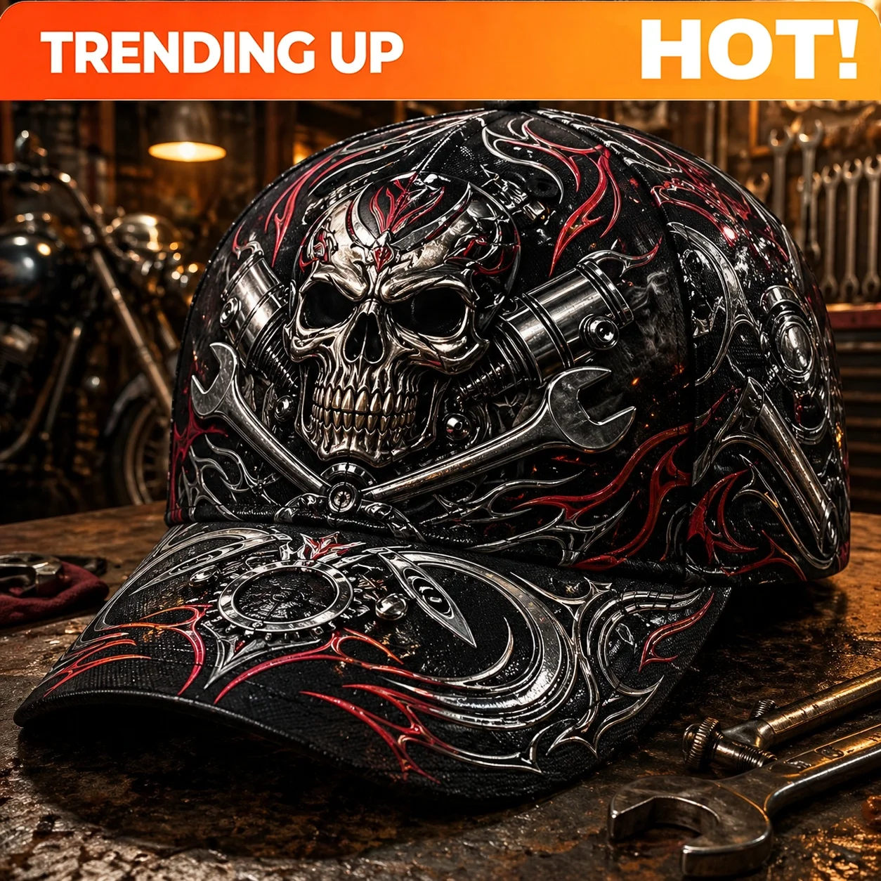 Custom Baseball Cap, Mechanic Skull Wrench, Engine Pattern, Garage Tool Style, Apparel, Outdoor Sun Hat, Suitable for Workshop