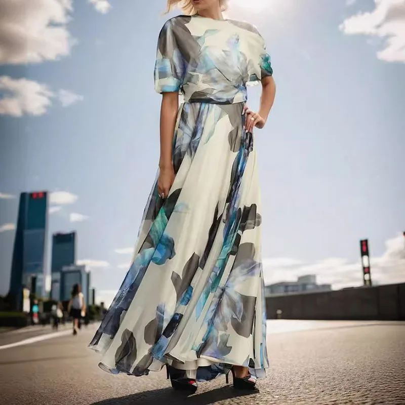 أنيقة بوهو مطبوعة المرأة الصيف فستان طويل مثير قصيرة الأكمام شاطئ فستان الشمس مائل الرقبة مساء حفلة موسيقية ماكسي فساتين Vestidos