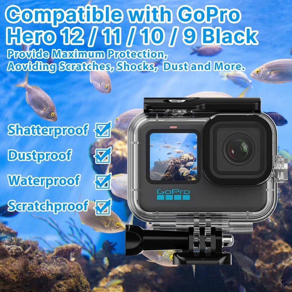 

Водонепроницаемый черный чехол 60 м для GoPro Hero 12/11/10/9, защитный чехол для дайвинга с кронштейном, аксессуары