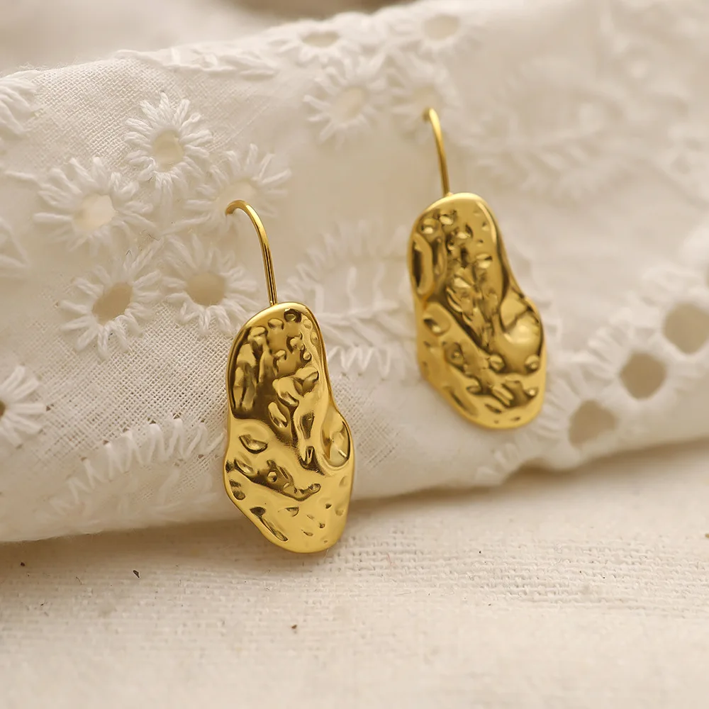 

18K Gold Plated Stainless Steel Jewelry Lightweight Accessories Aesthetic Organic Hammered Texture Hook Earrings for Women