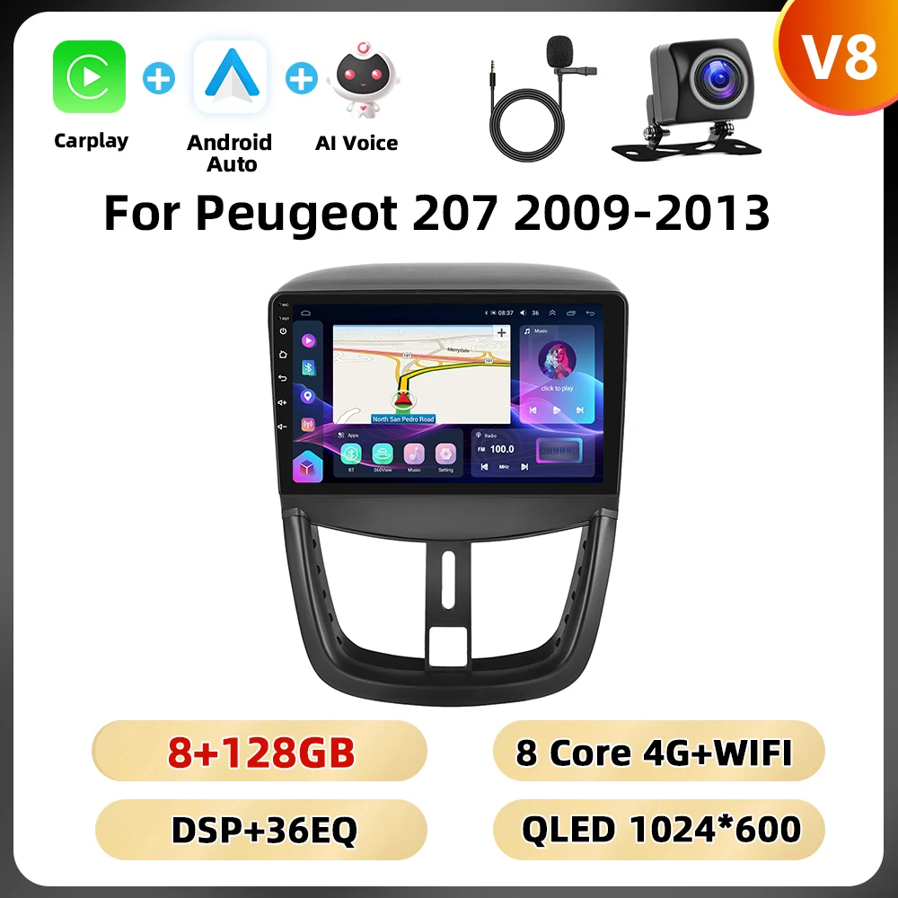 Podofo 8Core Qualcomm Autoradio Voor Peugeot 207 2009-2013 Multimedia Speler Carplay Android Auto 8 + 128G WIFI 4G GPS Auto Stereo
