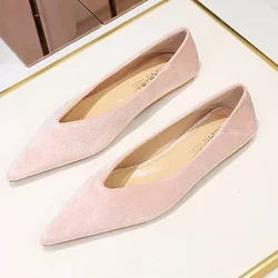 2024 Women 1cm Low Heels Classic Prom Pink Flats Female Soft Velvet Pointed Toe Low Heels Lady Concise Barefoot Shoes Plus Size