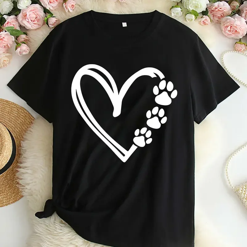 Plus Size nadruk w kształcie serca t-shirt na co dzień wycięcie pod szyją krótki rękaw t-shirt damski odzież Plus Size