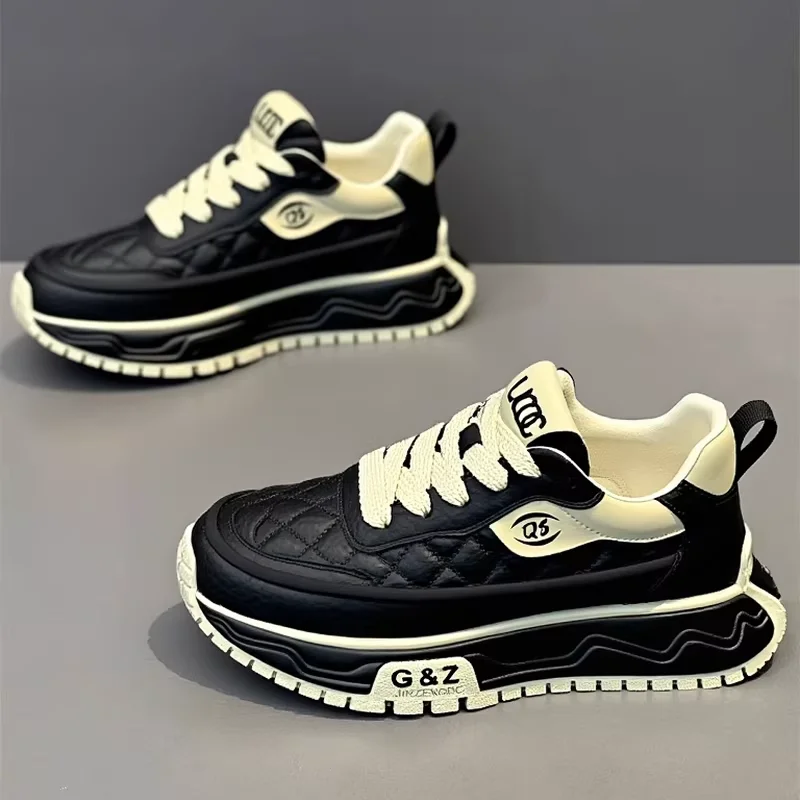 Men's Fashionable Sport Shoes Autumn Casual Running Waterproof Non-Slip Heightening Black Dad Shoes Leather Surface Breathable