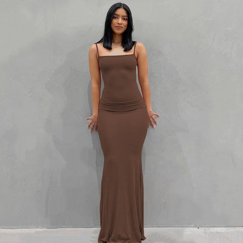 Europe and the United States cross-border foreign trade women 2024 solid color sexy slim high step slip dress