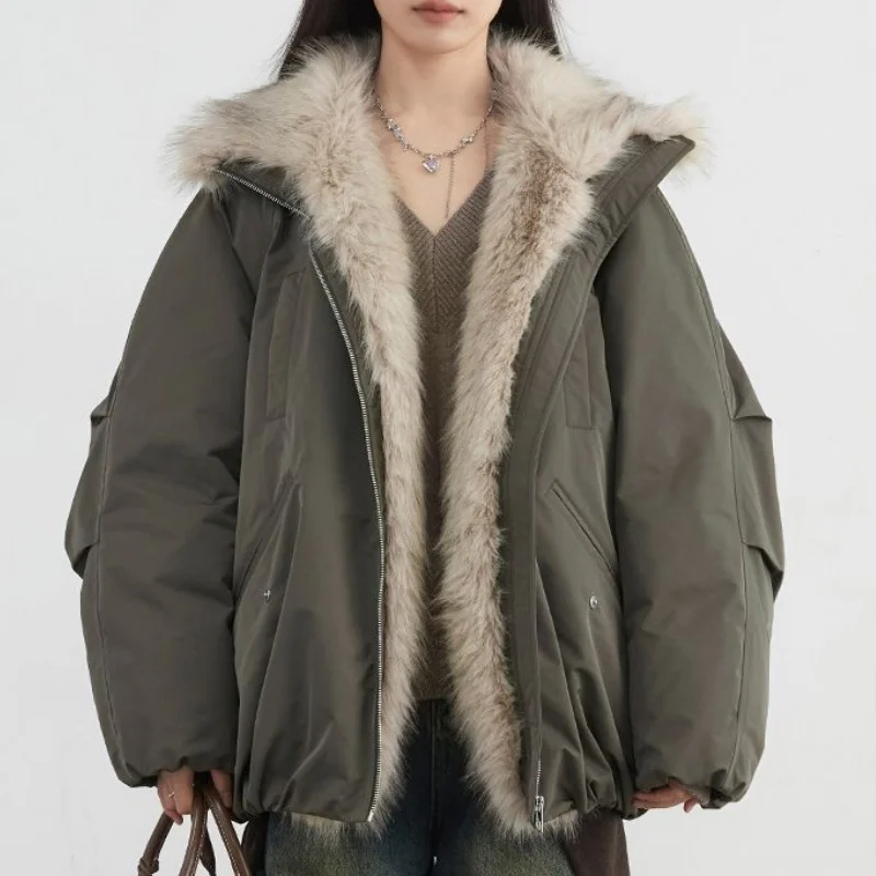 Women Winter Korean Plush Collar Coat Lady Elegant Versatile Overcoat Lady Solid Color Loose Fit American Style Casual Jacket