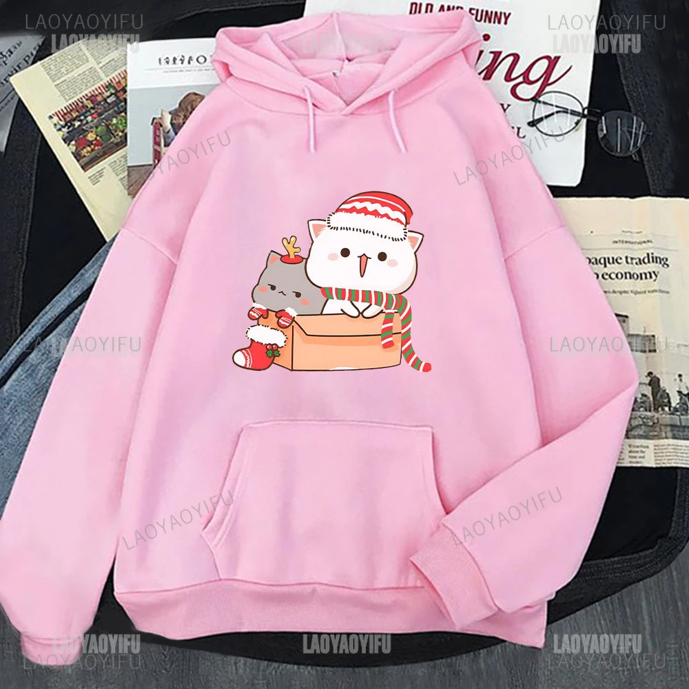 Noël pêche et Goma Mochi chat Kawaii dessin animé imprimé sweat à capuche pour femme Harajuku hommes à manches longues sweats unisexe pull décontracté
