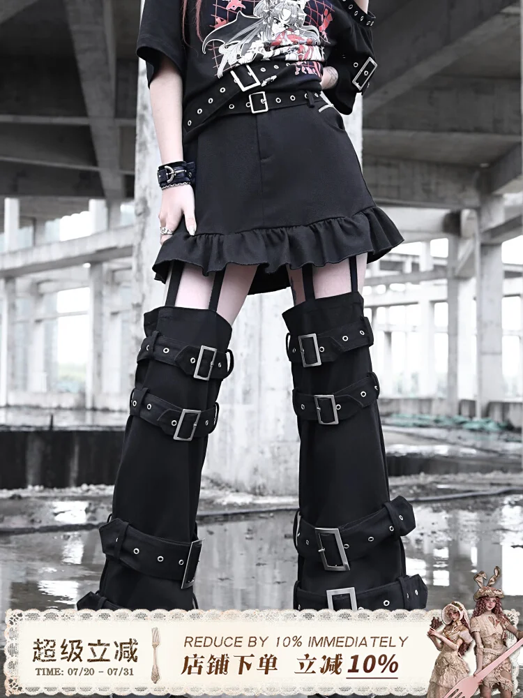 Blood Supply Original Design Subculture Summer Punk Thin Faux Two Pieces Pant Skirt Black Y2k Gothic Girls Trousers Patch Capris