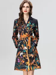 Women's Flower Printing Trench Coat, Notched Collar, Double Breasted, Casual Outwear, Party Vacation, Elegant ， Autumn, Winter