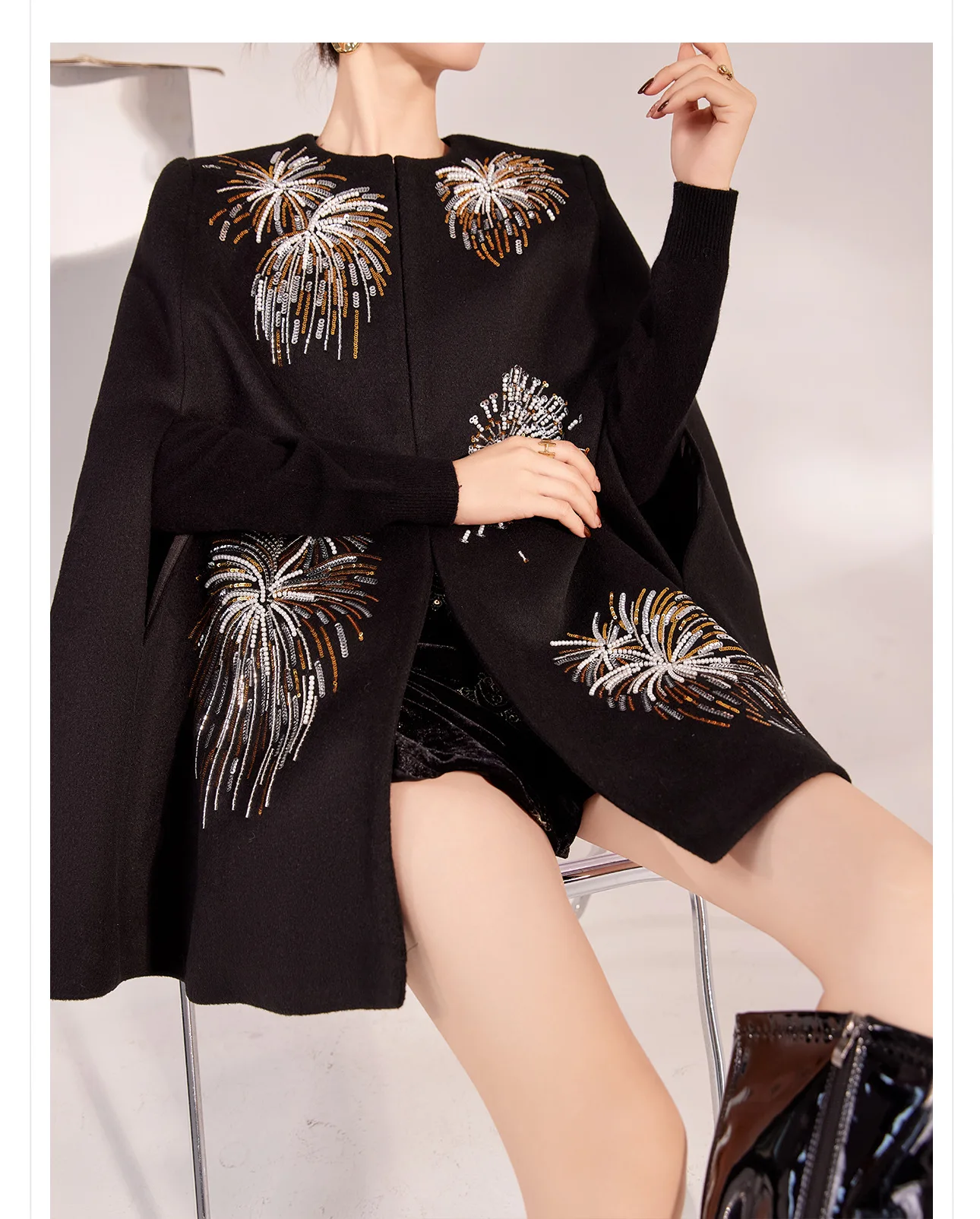 Autumn and Winter 2024 New High End O-Neck Fireworks Beading+ Embroidery Design Elegant Fashionable Loose Coat Cloak S-L