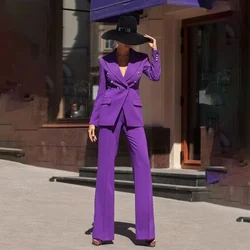 Purple Pants Sets 2 Piece Double Breasted Peak Lapel Tuxedo Prom Party Fashion Daily Casual Office Long Sleeves Women Suits