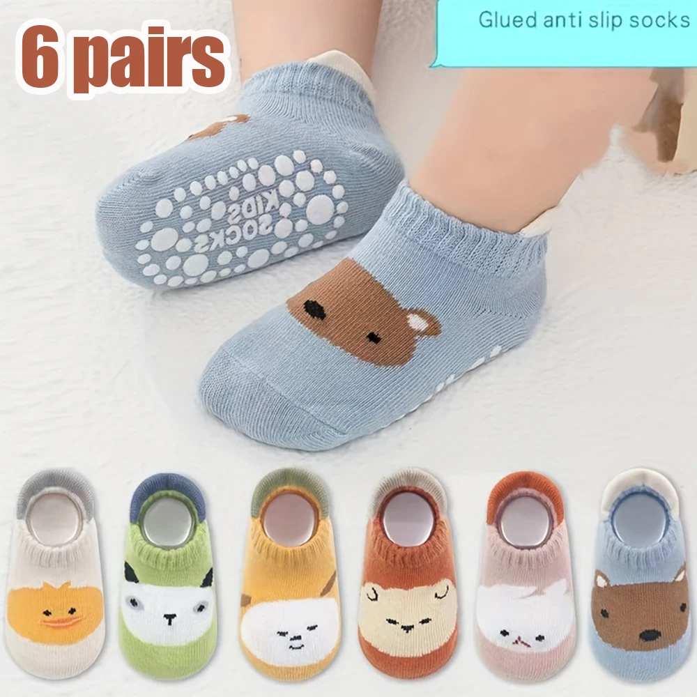 6 pairs of boys and girls' anti slip socks with cute cartoon animal patterns, comfortable and breathable baby floor socks