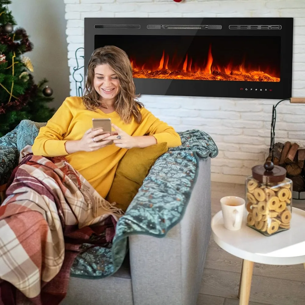 50 Wall-Mounted Electric Fireplace with LED Flames, Remote & Touch Controls - CharaVector Modern Home Heater