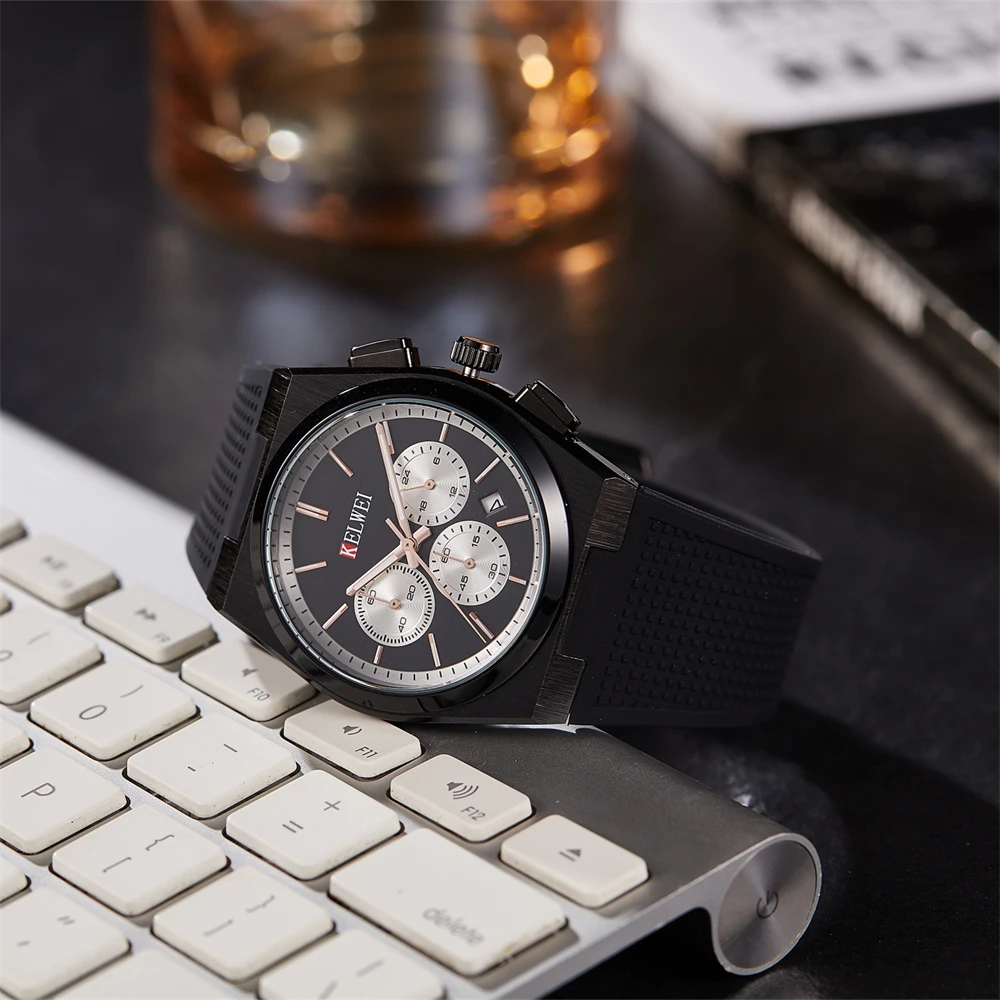 Casual fashion trend silicone strap men watch night light calendar function six pin circular dial suitable for daily life office