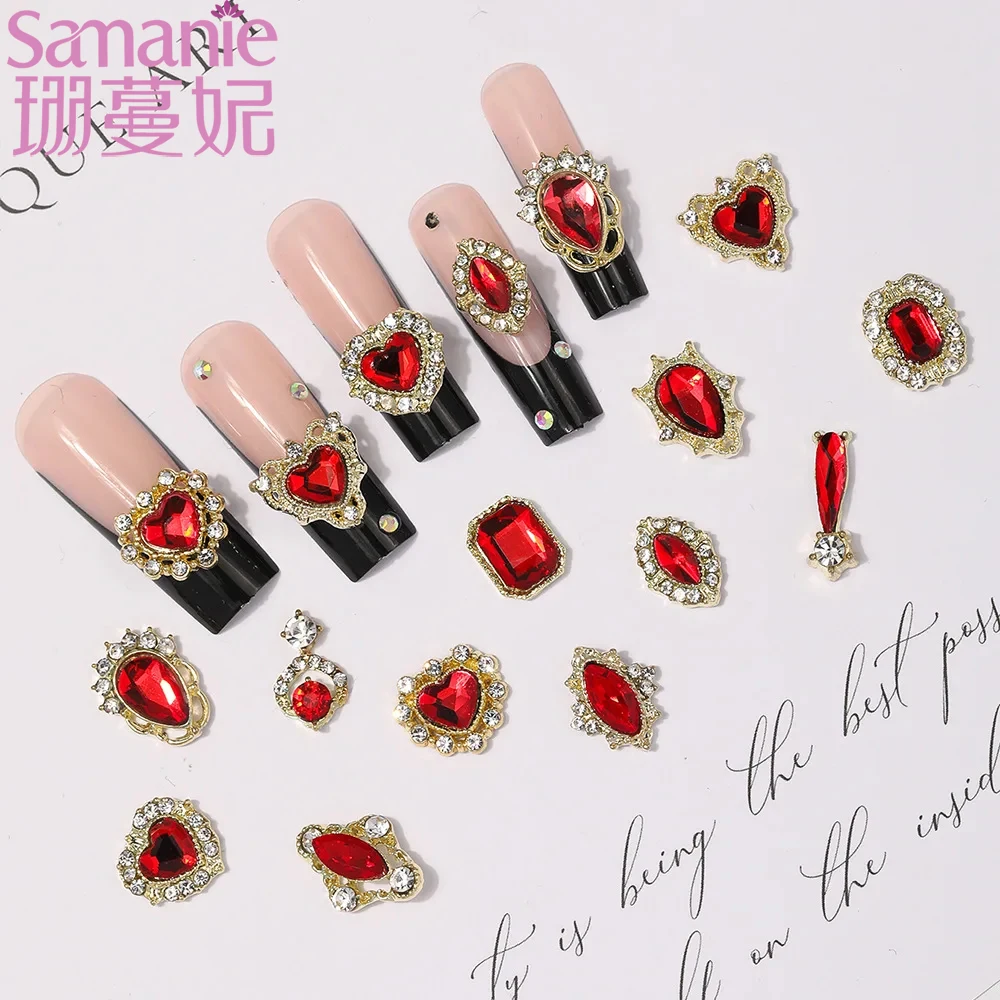 10PCS Multiple Style Red Glass Diamond Nail Crystal Charms 3D Alloy Square Heart Droplet Nail Art Accessories DIY Manicure Set