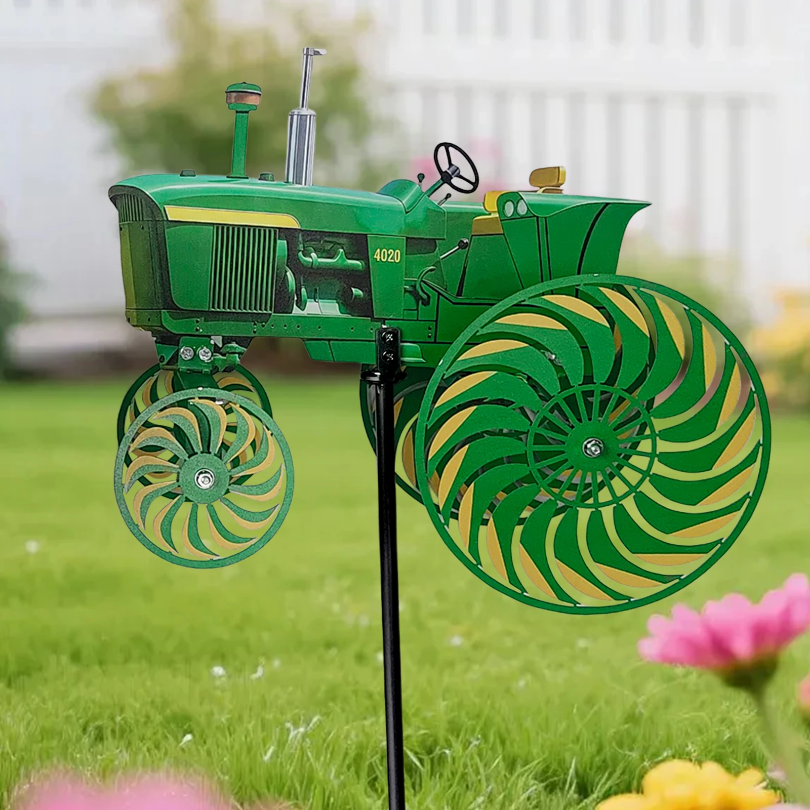 Garden Wind Spinner,Green Tractor Windmill Stake with Rotating Wheels for Patio Yard Garden,Unique Outdoor Sculptures Ornament