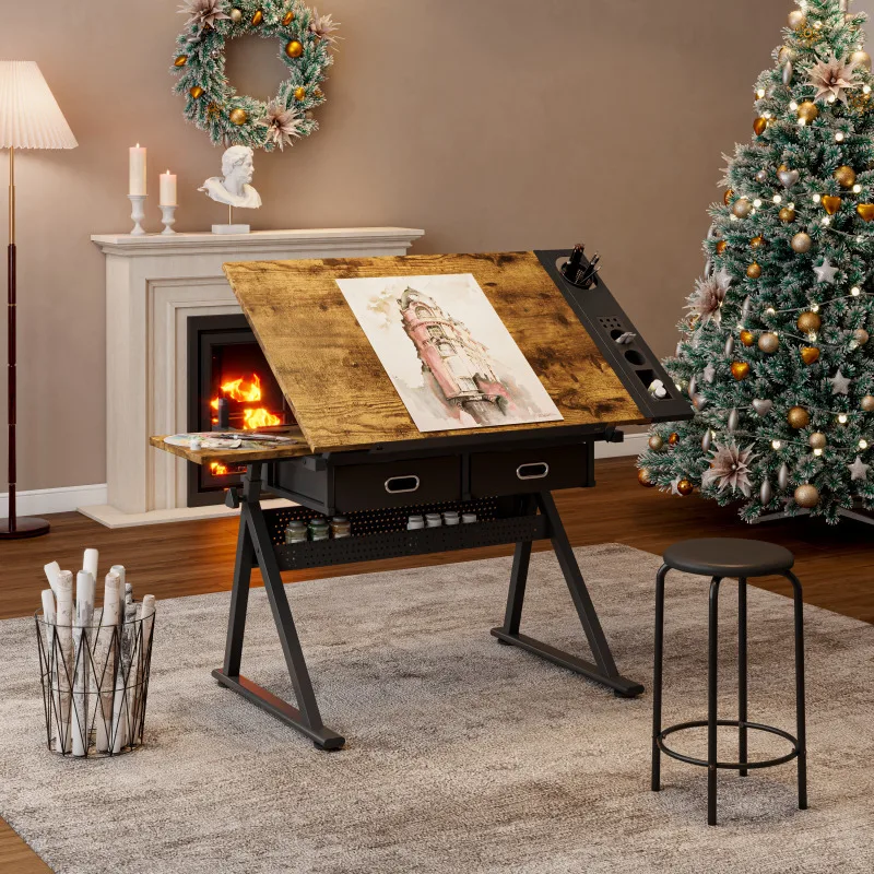 Height Adjustable Drafting Table  Drawing Table Artist Desk Tilting  Sketching Work Station W/2 Storage Drawers For Home Office