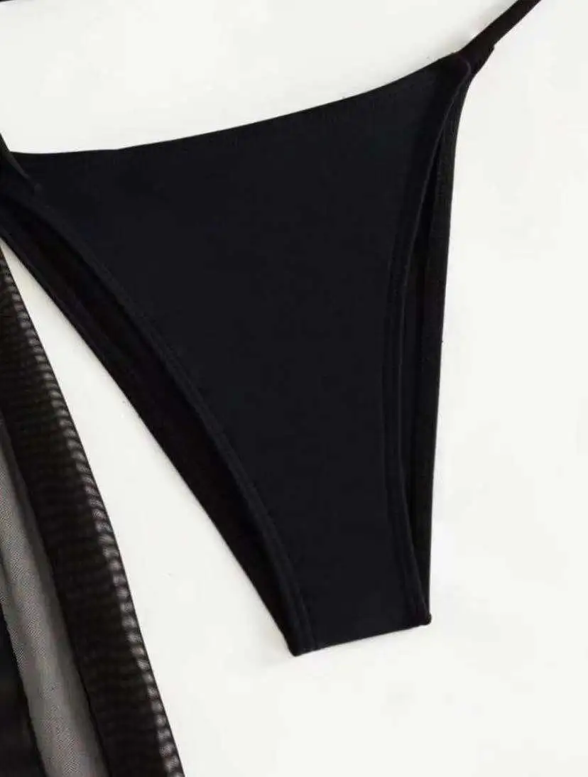 3 Pieces Thong Bikini 2026 Women With Dress Black Swimwear Female Bandeau Swimsuit Beach Wear Bathing Swimming Suit Summer