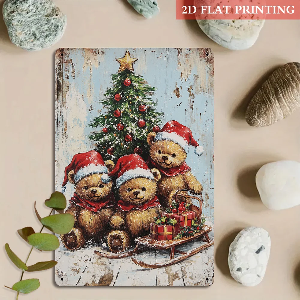 2D Flat, 1pc Vintage Teddy Bear by Christmas Tree Metal Wall Sign - 20.32x30.48 cm Retro Iron Decoration Suitable for Porch, Cor