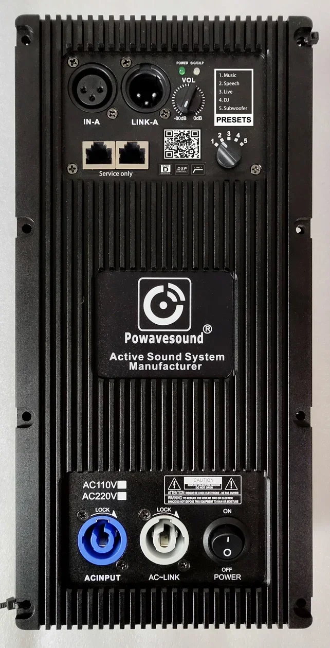 

Audio Single output amplifier module for active subwoofer and PA speaker and powered line array speaker element with DSP presets