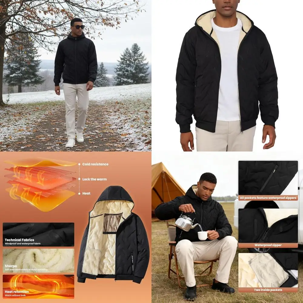 

TIHEEN Men's Zip Up Fleece Jacket with Hood,Sherpa Lined Warm Winter Coat Waterproof Windproof Outdoor Hiking