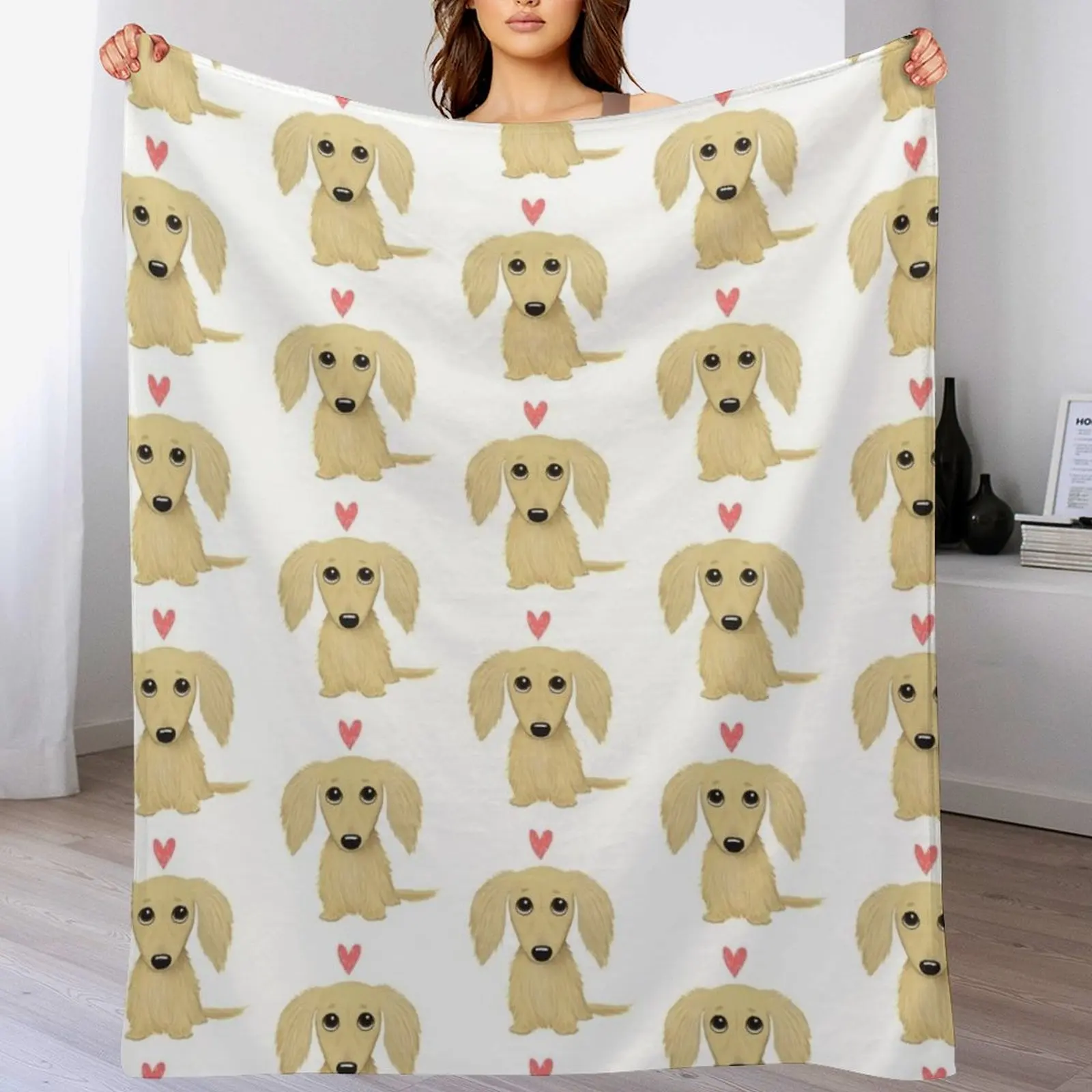 Longhaired Cream Dachshund Cartoon Dog with Heart Throw Blanket Hair Extra Large Throw For Baby Blankets