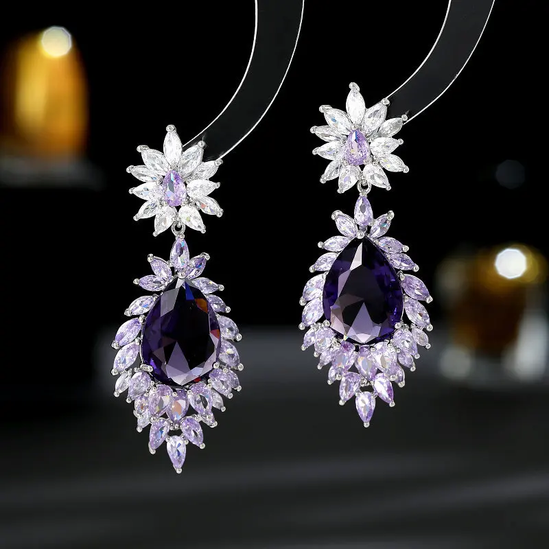 Fantastic Marquise Shaped Petals Cluster Purple Pear Drop Earrings for Formal Party Accessory