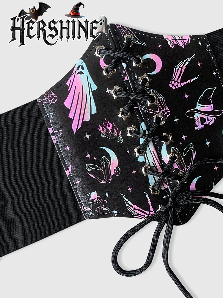 เข็มขัดหกเหลี่ยมพิมพ์ลายผีหลากสีสันสำหรับผู้หญิง HERSHINE 1 ชิ้น สไตล์โกธิค Y2K เหมาะสำหรับชุดเดรสและเครื่องประดับฮาโลวีน