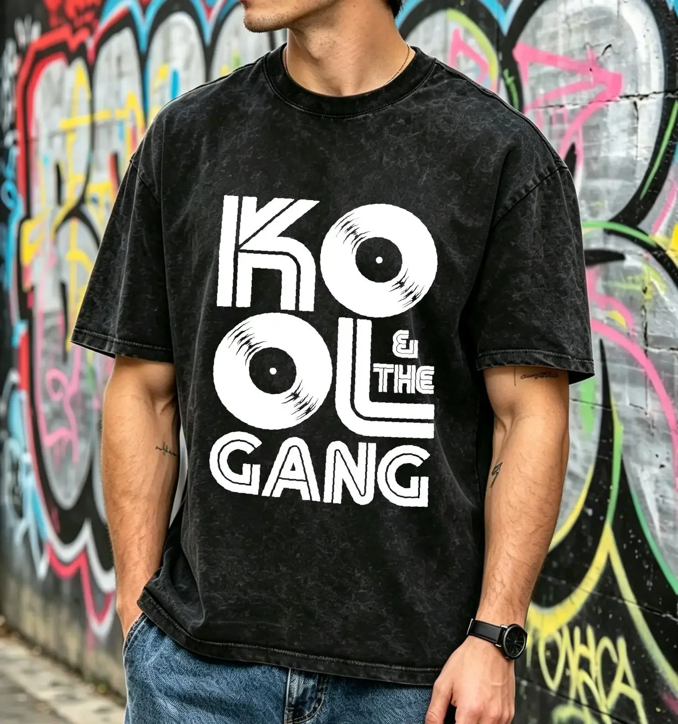 washed T Shirt Kool the Gang 70s Disco Vinyl Records Retro Large Black vintage Washed fashion streetwear Stretched Stylish
