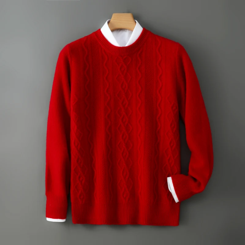 New men's round neck sweater 100% wool winter thick jacquard pullover, warm and versatile youth top