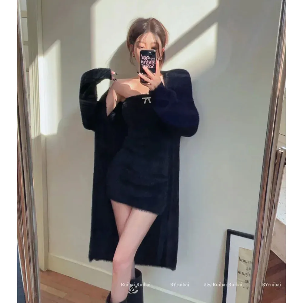 Soft Long Knitted Cardigan Women Imitation Mink Sweater Coat Sexy Strapless Dress 2 Piece Set Thick Plush Cardigan Sweater Suits