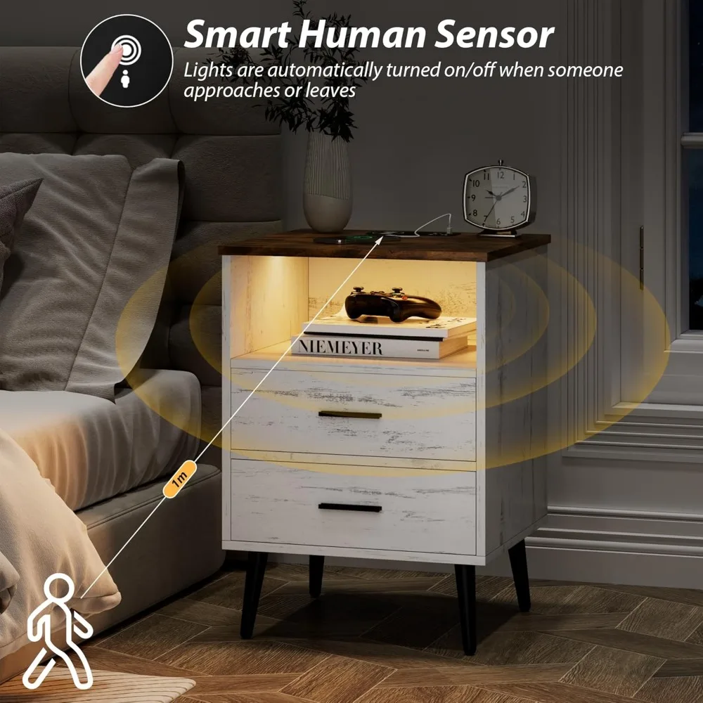 منضدة LED مع قاعدة شحن - طاولة بجانب السرير خشبية ذات درجين للمعيشة المنزلية الذكية