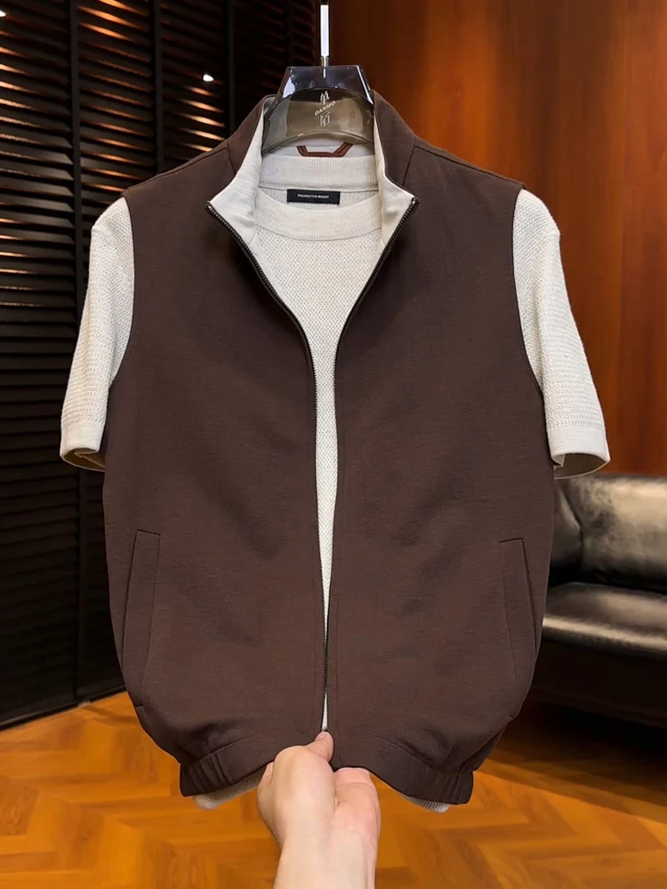 Fall 2026 Men's Fashion Classic Preppy Style Casual Stand Collar Business Shirt Pure Color Vest Breathable Lightweight Outerwear