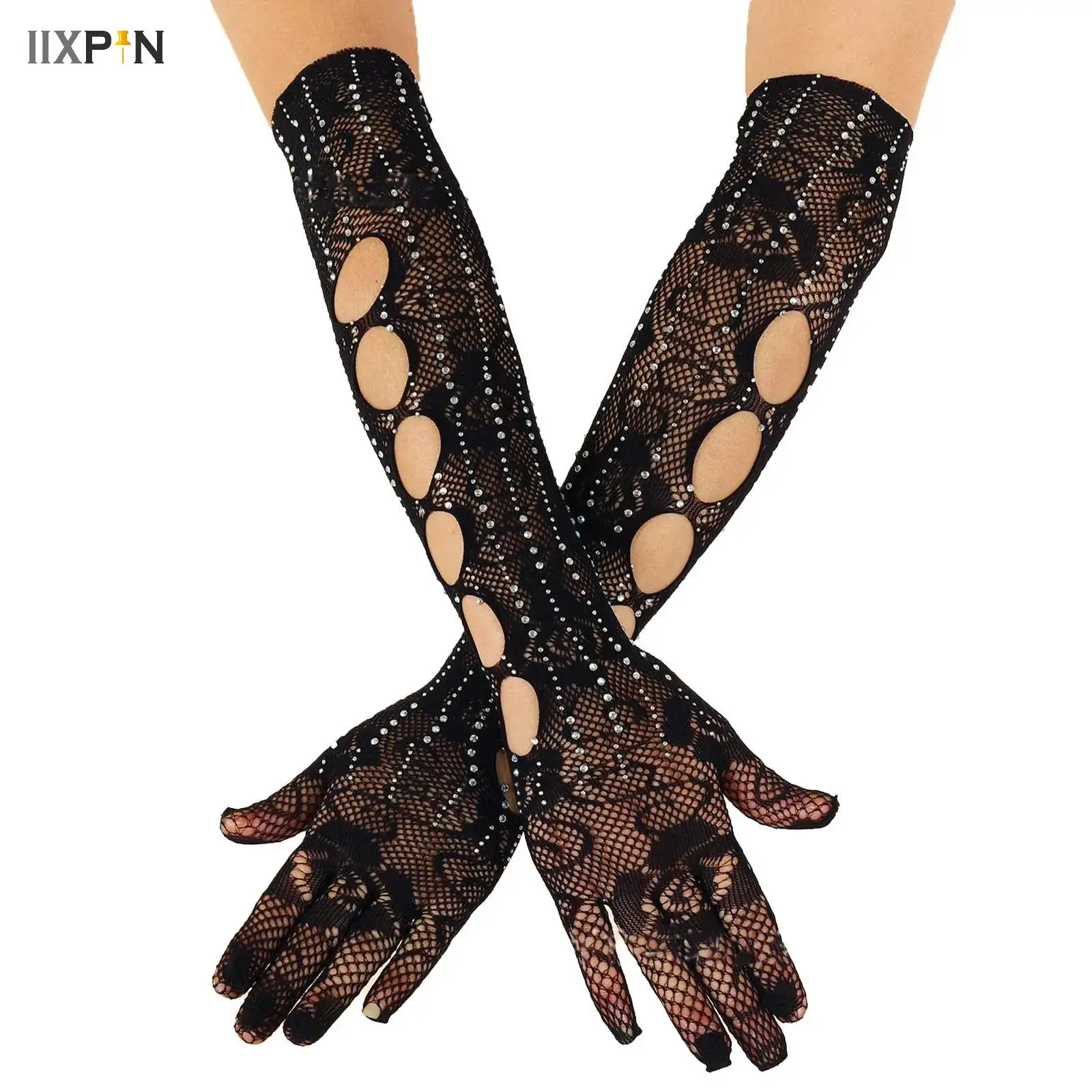 

Women Elbow Gothic Long Gloves Five Fingers Hollow Out Fishing Net Gloves Bridal Gloves Opera Gloves with Shiny Diamonds