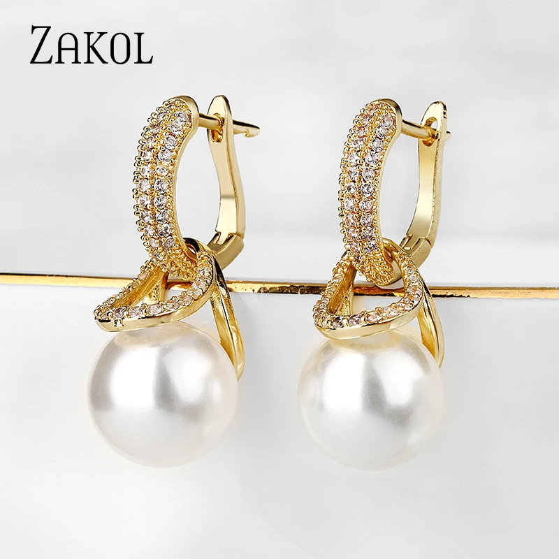 ZAKOL New Micro-inlaid Zircon Hoop Earrings for Women Luxury Imitation Pearl Drop Earring Jewellery Aretes De Mujer EP2839