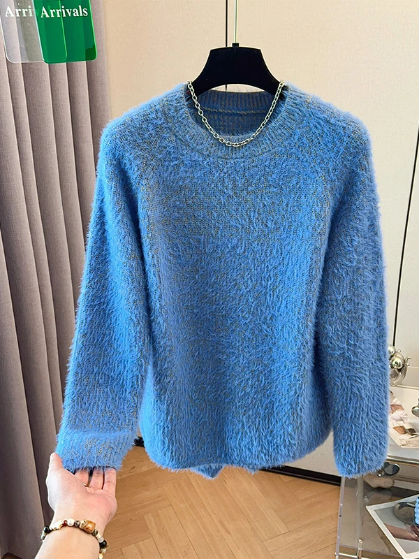 

Женский светло-голубой кашемировый свитер свободного кроя с круглым вырезом, длинными рукавами и вставками на плечах, в корейском стиле, для зимы