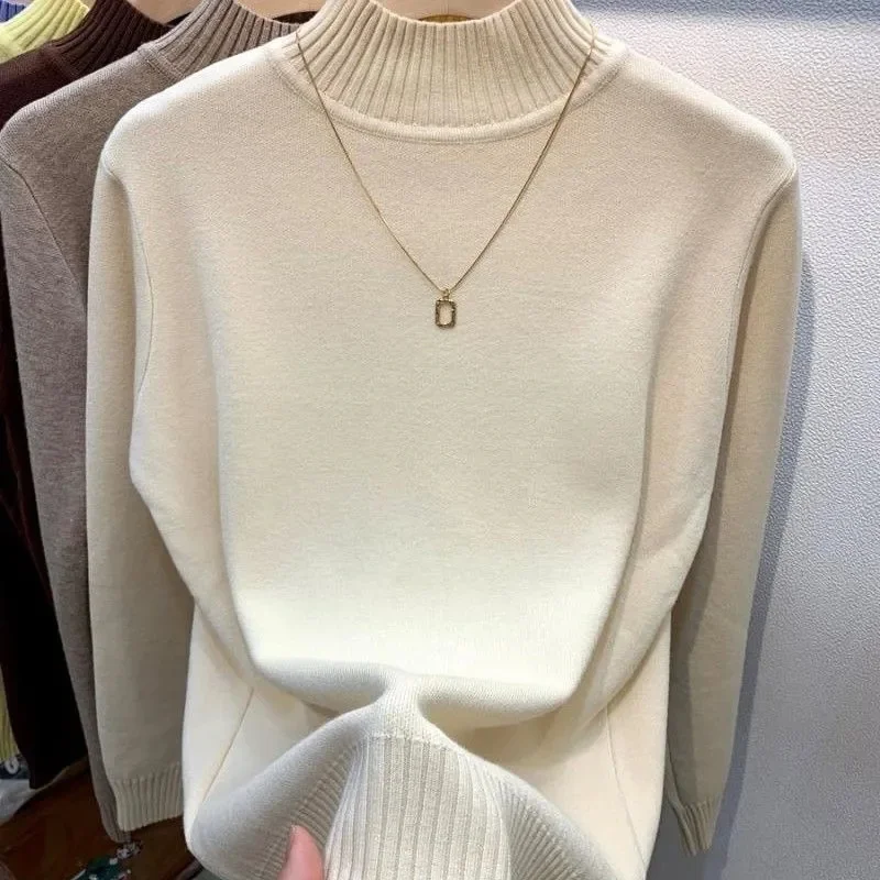 Suéter de punto de Cuello medio alto para mujer, jersey de manga larga, blusa elástica suave negra, otoño e invierno, 2024