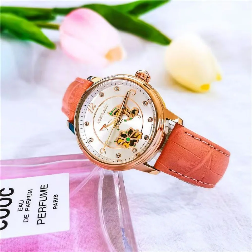 High-End Women's Mechanical Watch, Fully Automatic Skeleton Watch with Diamond Inlays, Waterproof Wristwatch, Leather Strap, Light Luxury Style Women's Watch, Luminous Hands, Fashionable Wristwatch, Gift for Mom or Girlfriend on Birthday, Versatile Mechanical Watch for Work and Leisure, Unique Design Women's Watch, Hot-Selling Bestseller