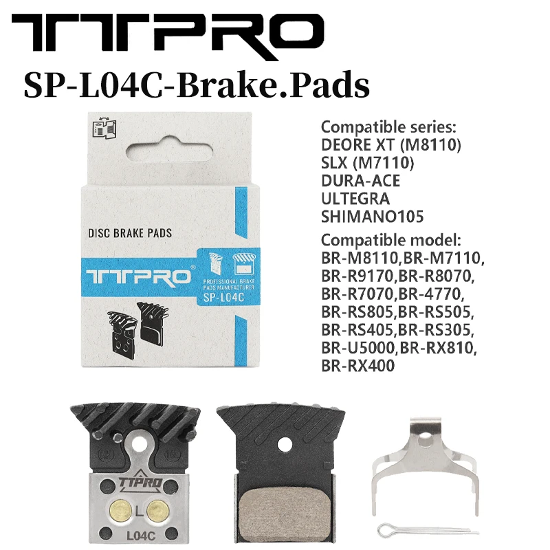 TTPRO L04C Disc Brake Pad Metal With Fins For Road MTB Bike Compatible With SHIMANO Deore XT SLX M8100 M7100 R8050 R7100 Parts