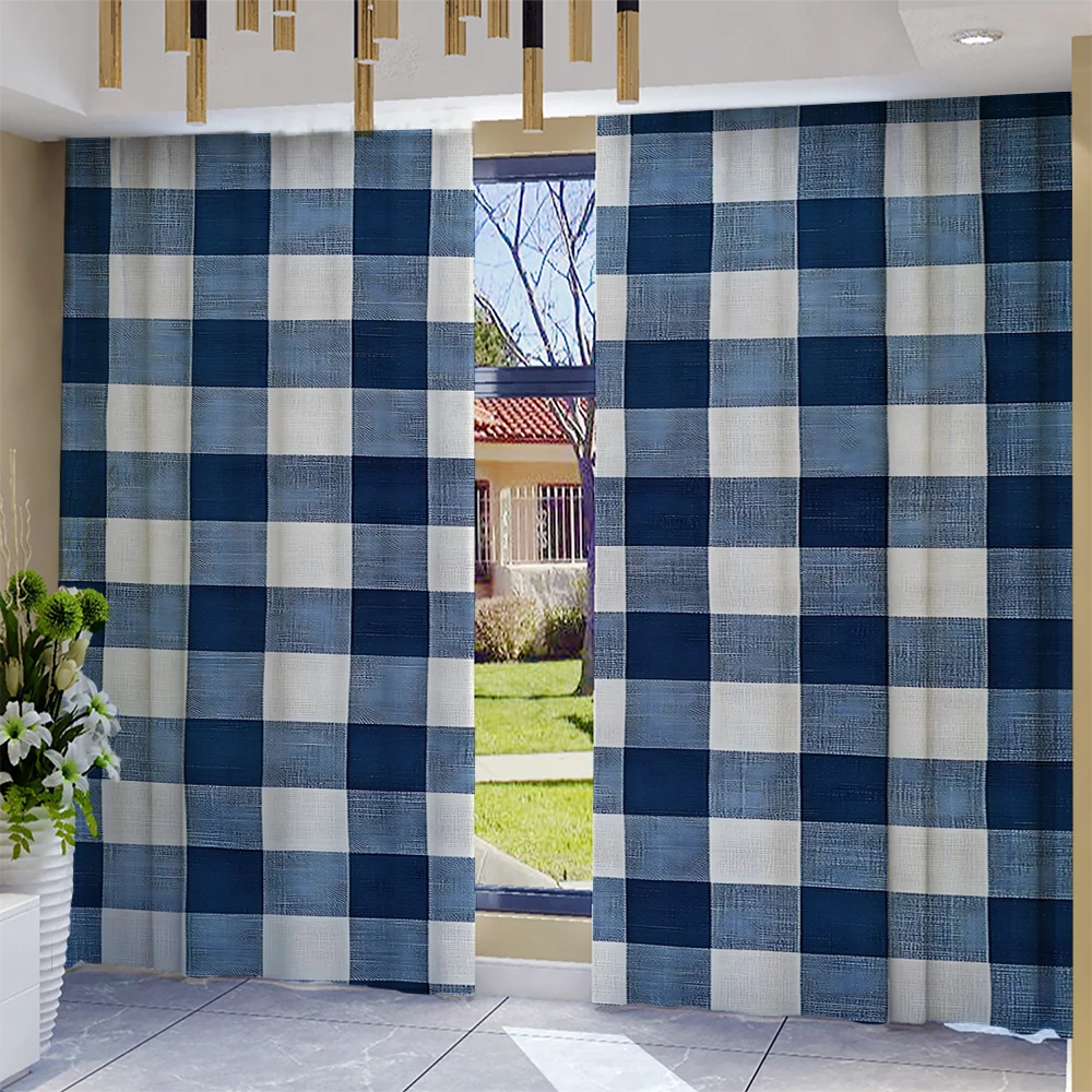 

2PC Home blue check Curtains With Landscape Background And Pole Pocket Curtains, Kitchen, Coffee Shop, Living Room, Bacony